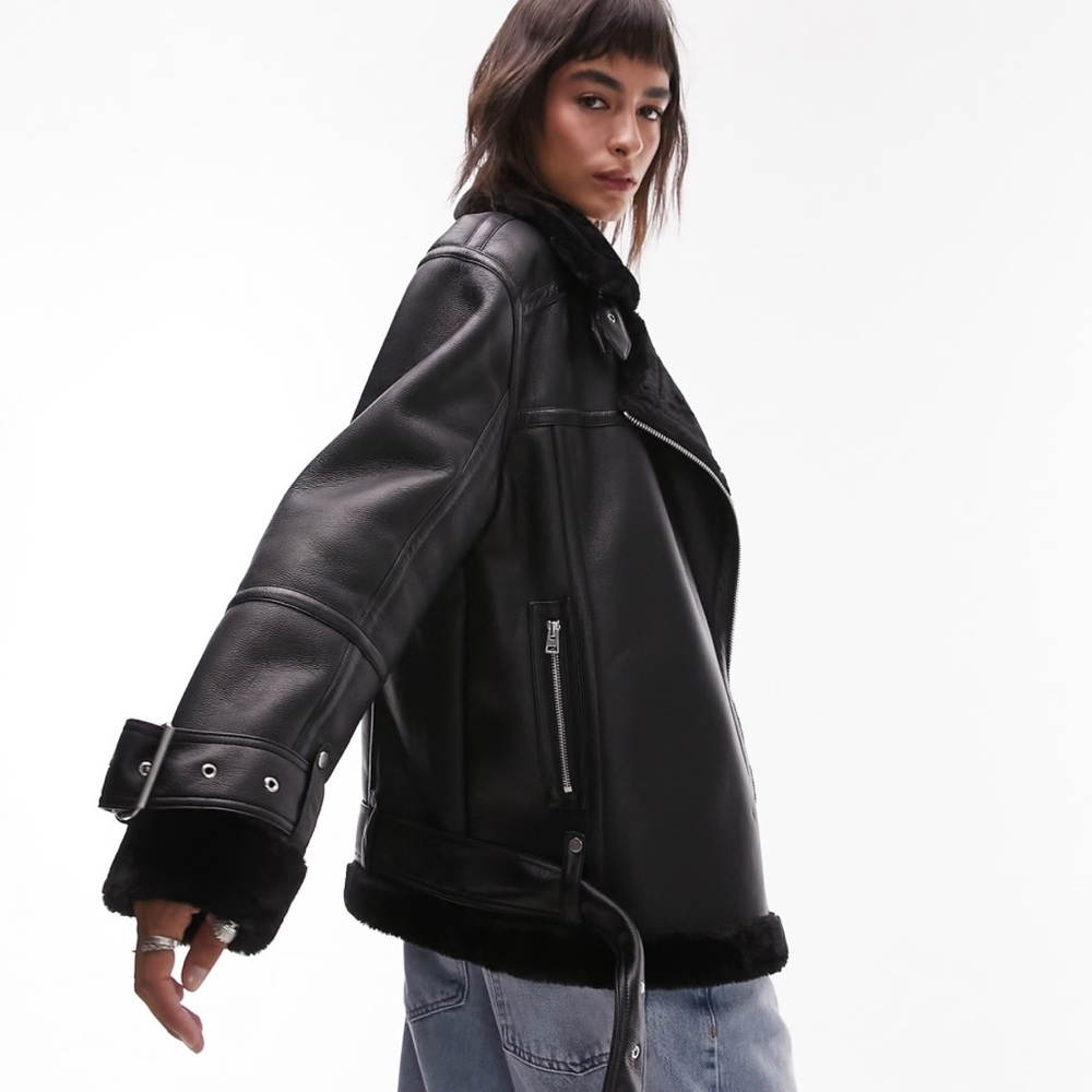 Topshop Oversized Leather Jacket - Aviator Biker Jacket with Faux Fur